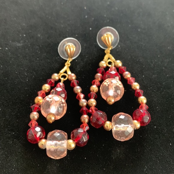 Three pairs of Handmade Red/Pink Beaded Dangle/Drop Earrings - Picture 3 of 4